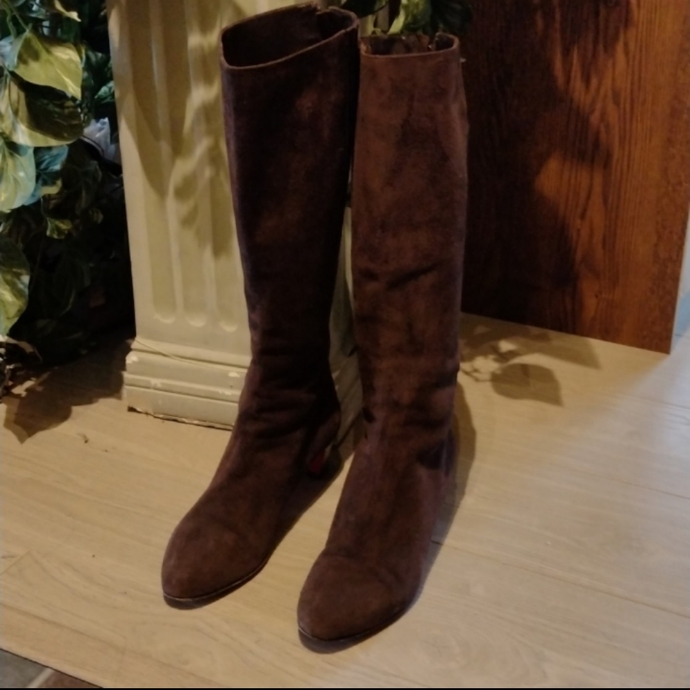Christian loubotine brown suede block kitten heel knee high boots size 39.5